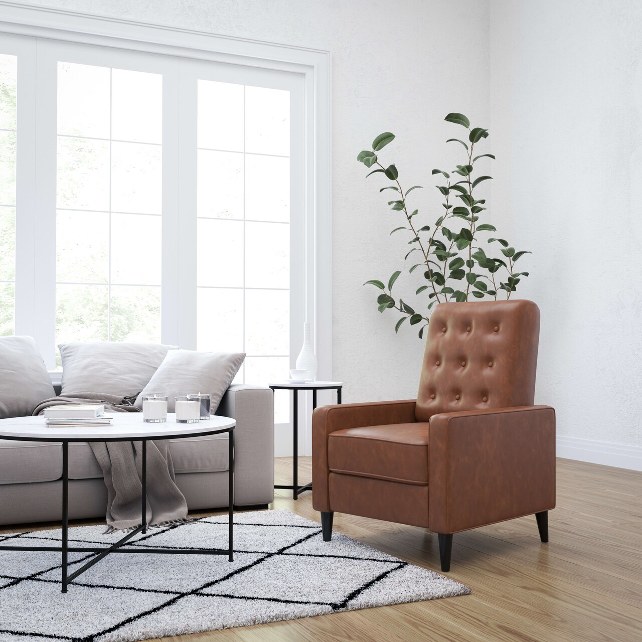 Merrick Lane Darcy Recliner Chair Mid-Century Modern Faux Leather Tufted Upholstery Ergonomic Push Back Living Room Recliner